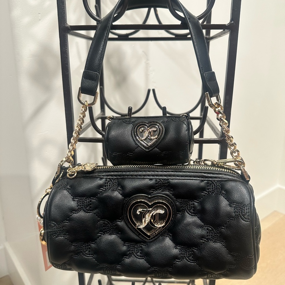 Juicy Couture Black Quilted “choose juicy ll”Shoulder Bag Set Heart Charm